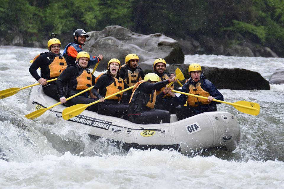 Group of people whitewater rafting on youghiogheny river in wv